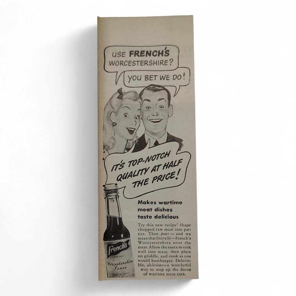 1943 French's Worcestershire Sauce‎ Print Ad Wartime Cooking Flavor Ephemera